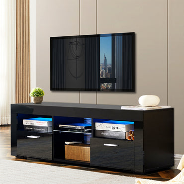 Black Modern TV Stand with LED Lights, High Gloss Finish, Stylish TV Cabinet for Lounge, Living Room or Bedroom, Sleek Design, Color: Black