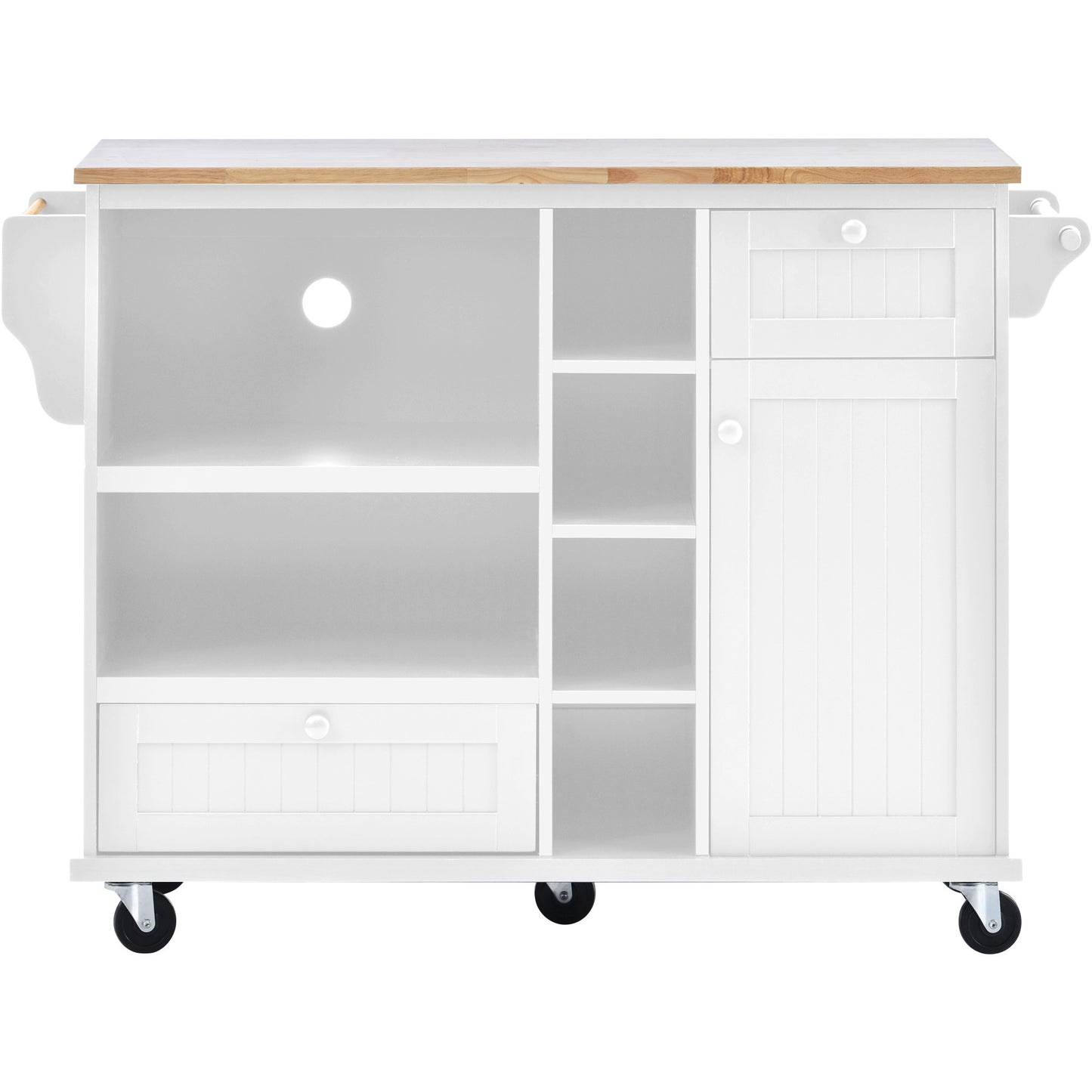 Kitchen Island Cart with Storage Cabinet & Locking Wheels, Solid Wood Top, Microwave Stand, Floor Standing Buffet Server for Kitchen (White)