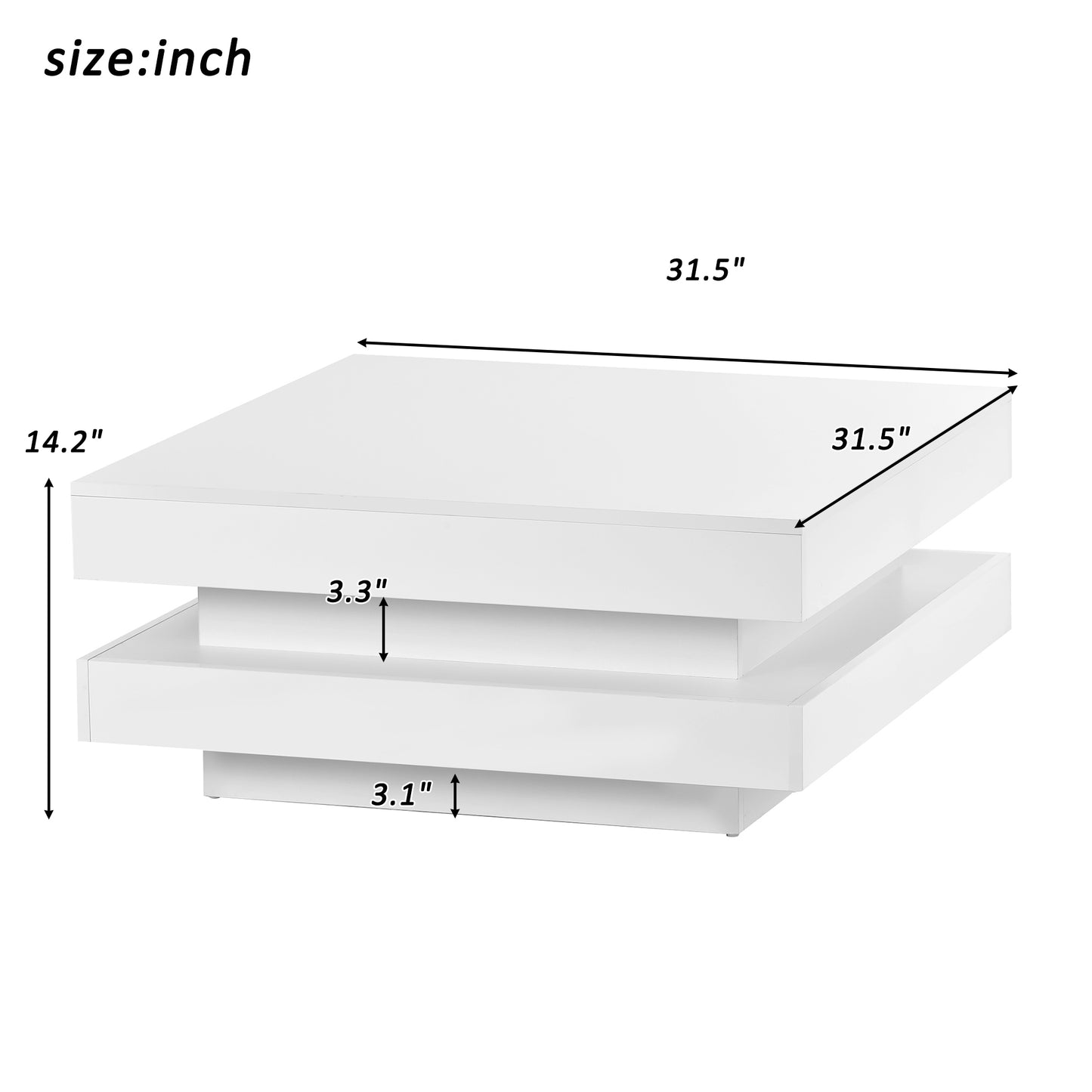 High Gloss Minimalist 2-Tier Square Coffee Table with LED Lights for Living Room, 31.5''x31.5''x14.2'', White