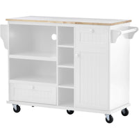 Kitchen Island Cart with Storage Cabinet & Locking Wheels, Solid Wood Top, Microwave Stand, Floor Standing Buffet Server for Kitchen (White)