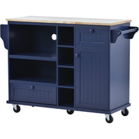 Kitchen Island Cart with Storage Cabinet & Locking Wheels, Solid Wood Top, Microwave Buffet Server for Kitchen, Dining, Bathroom – Dark Blue