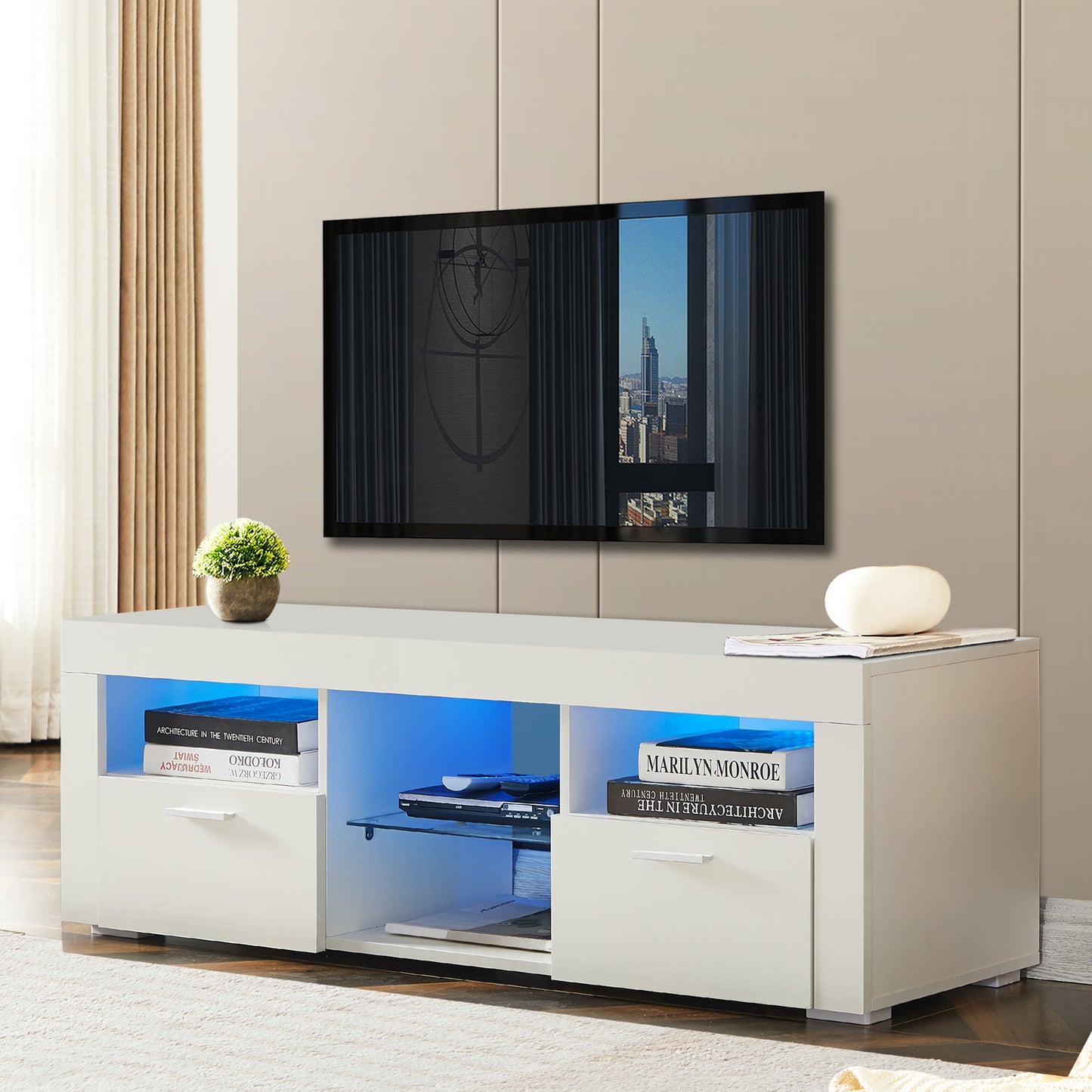 Modern White TV Stand with LED Lights, High Gloss Front, Assembly for Lounge, Living Room, or Bedroom