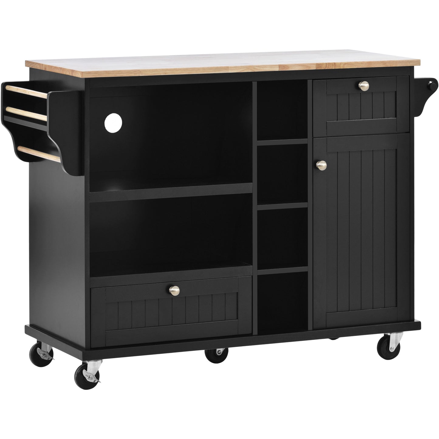 Kitchen Island Cart with Storage Cabinet, Solid Wood Top, Microwave Stand, Floor Standing Buffet Server for Kitchen, Black, 2 Locking Wheels