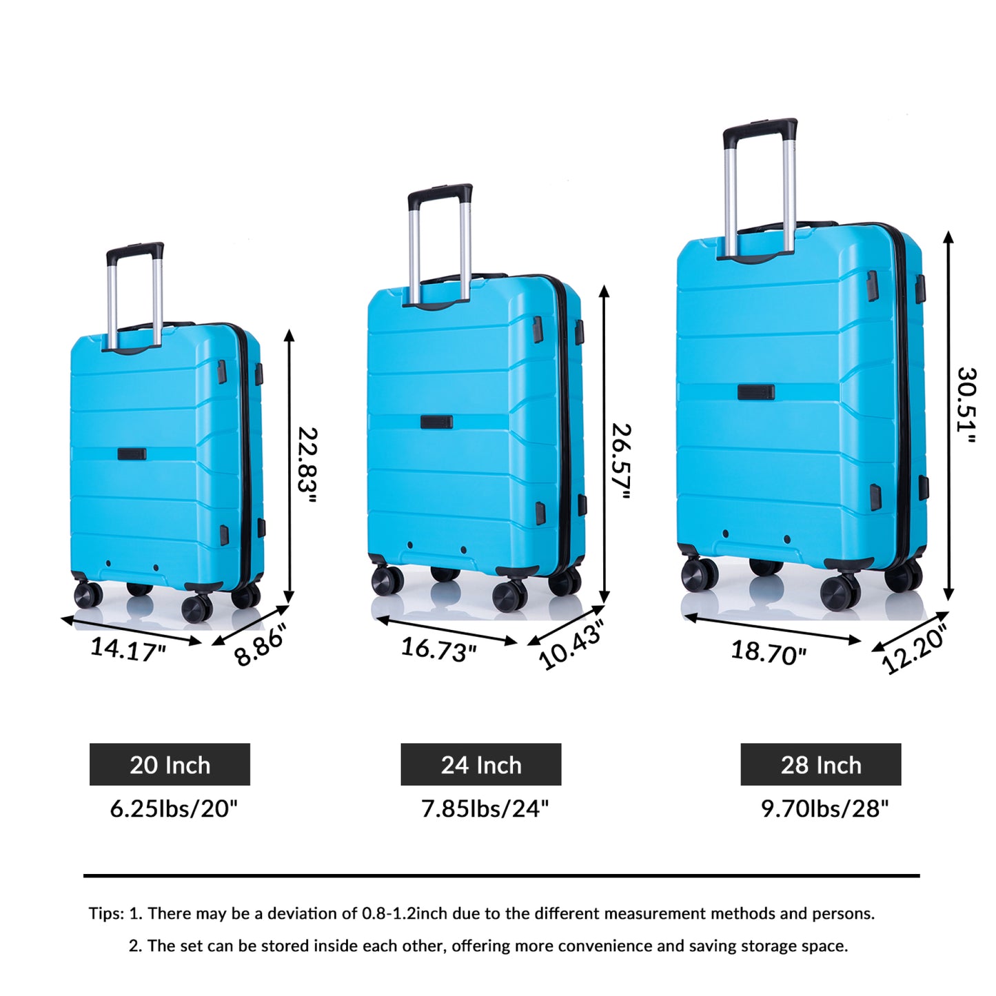 Lightweight Hardshell Luggage Set with Spinner Wheels & TSA Lock, 3-Piece Suitcase Set (20/24/28) - Light Blue