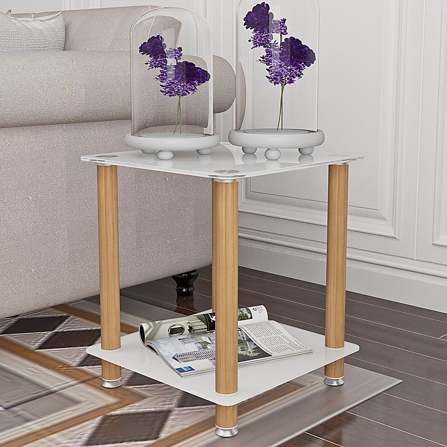 2-Piece White & Oak Side Table Set - Modern 2-Tier End Table with Storage Shelf for Living Room & Bedroom