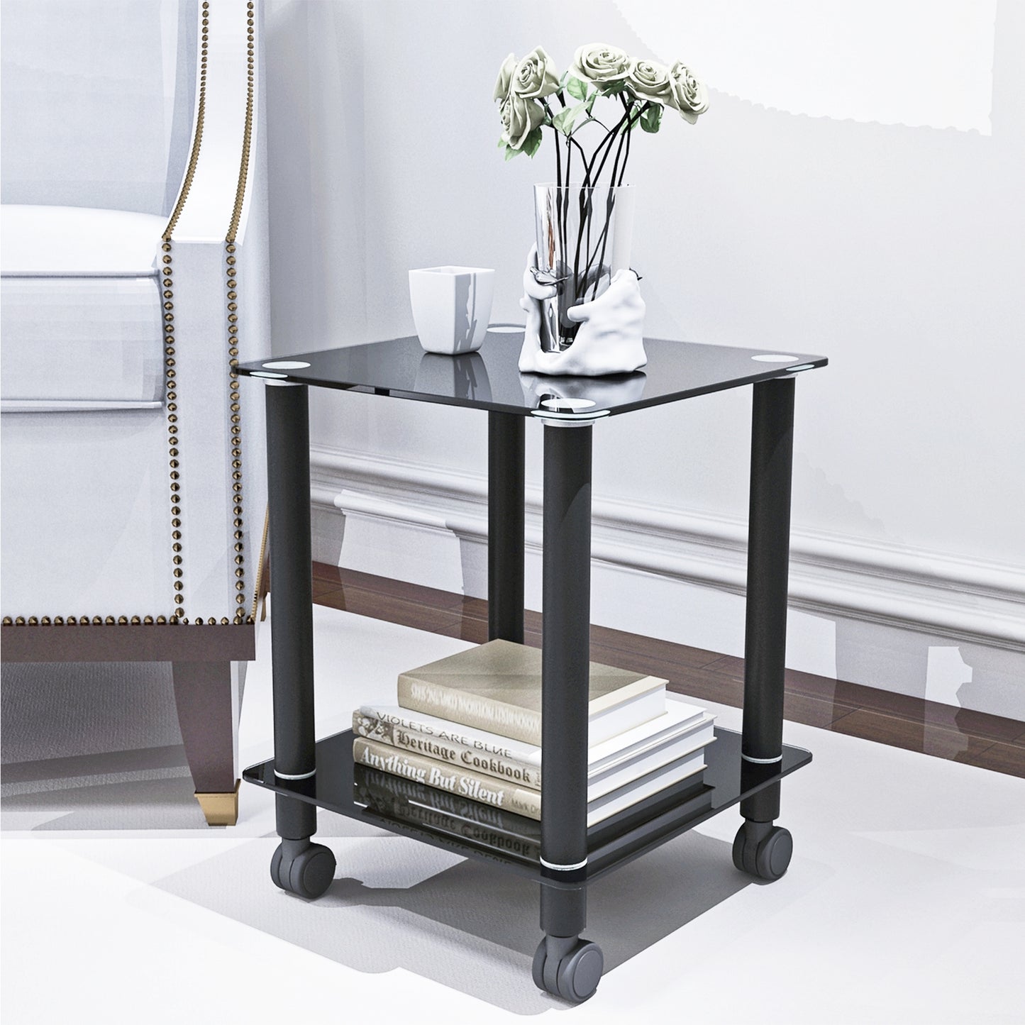 2-Piece Black Side Table Set - Modern 2-Tier End Tables for Living Room, Nightstand & Sofa Table with Storage Shelf