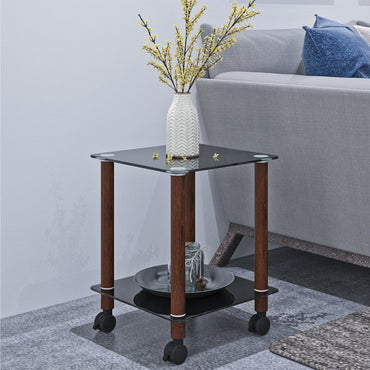 Modern 2-Tier Black & Walnut Side Table - Versatile Nightstand & Sofa End Table with Storage Shelf