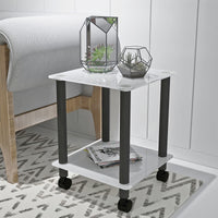 Modern 2-Tier White and Black Side Table End Table with Storage Shelf for Living Room and Bedroom