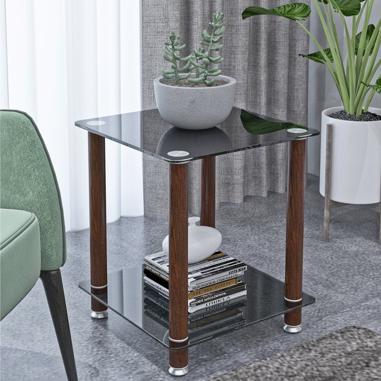 Modern 2-Tier Black & Walnut Side Table - Versatile Nightstand & Sofa End Table with Storage Shelf