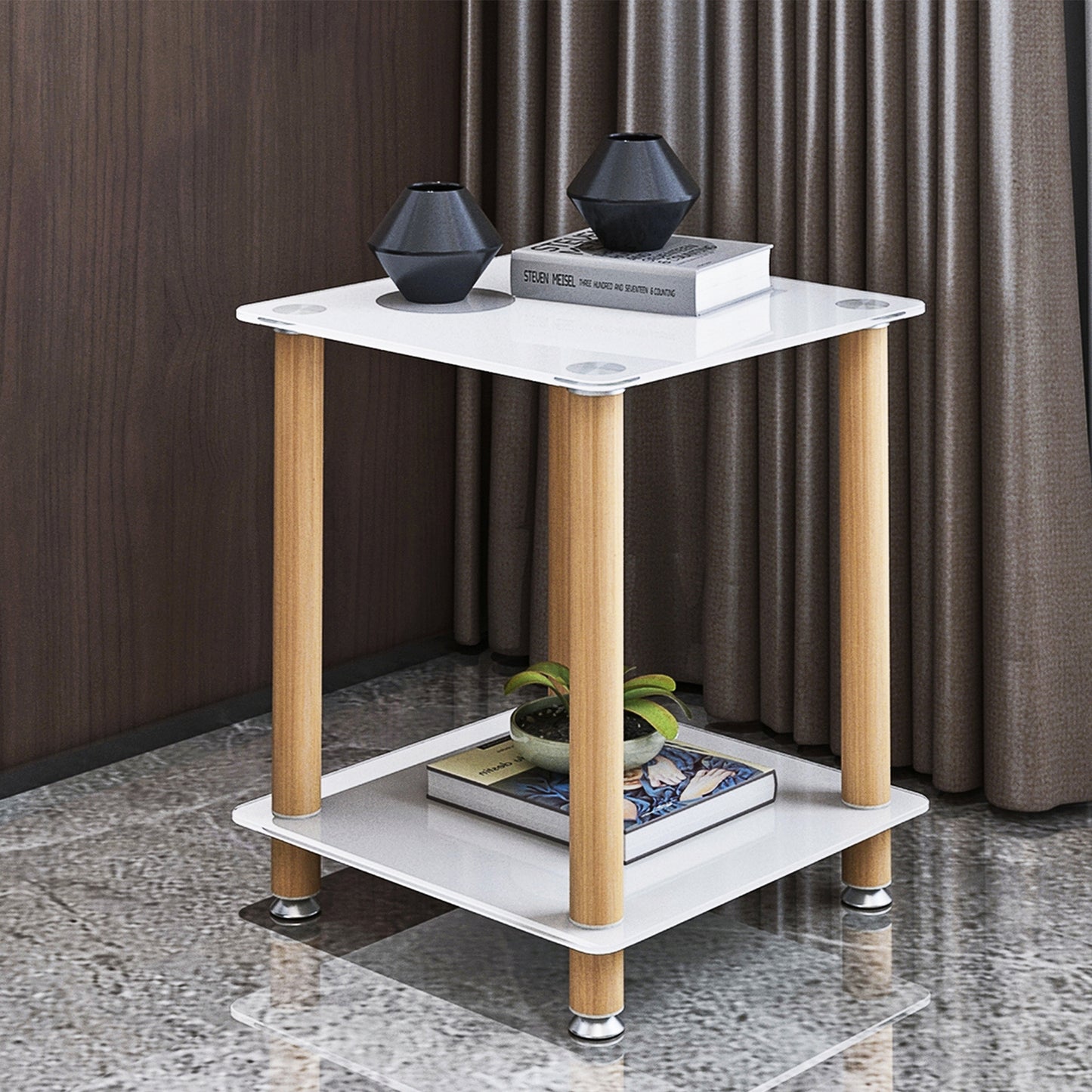 2-Piece White & Oak Side Table Set - Modern 2-Tier End Table with Storage Shelf for Living Room & Bedroom