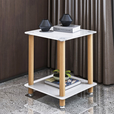 Modern 2-Tier White and Oak Side Table - Stylish Nightstand & Sofa Table with Storage Shelf for Living Room or Bedroom