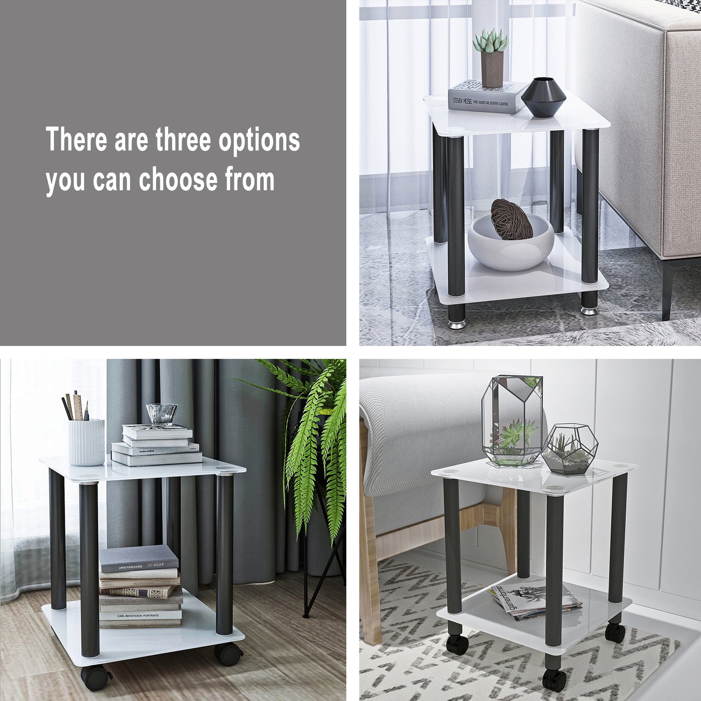 Modern 2-Tier White and Black Side Table End Table with Storage Shelf for Living Room and Bedroom