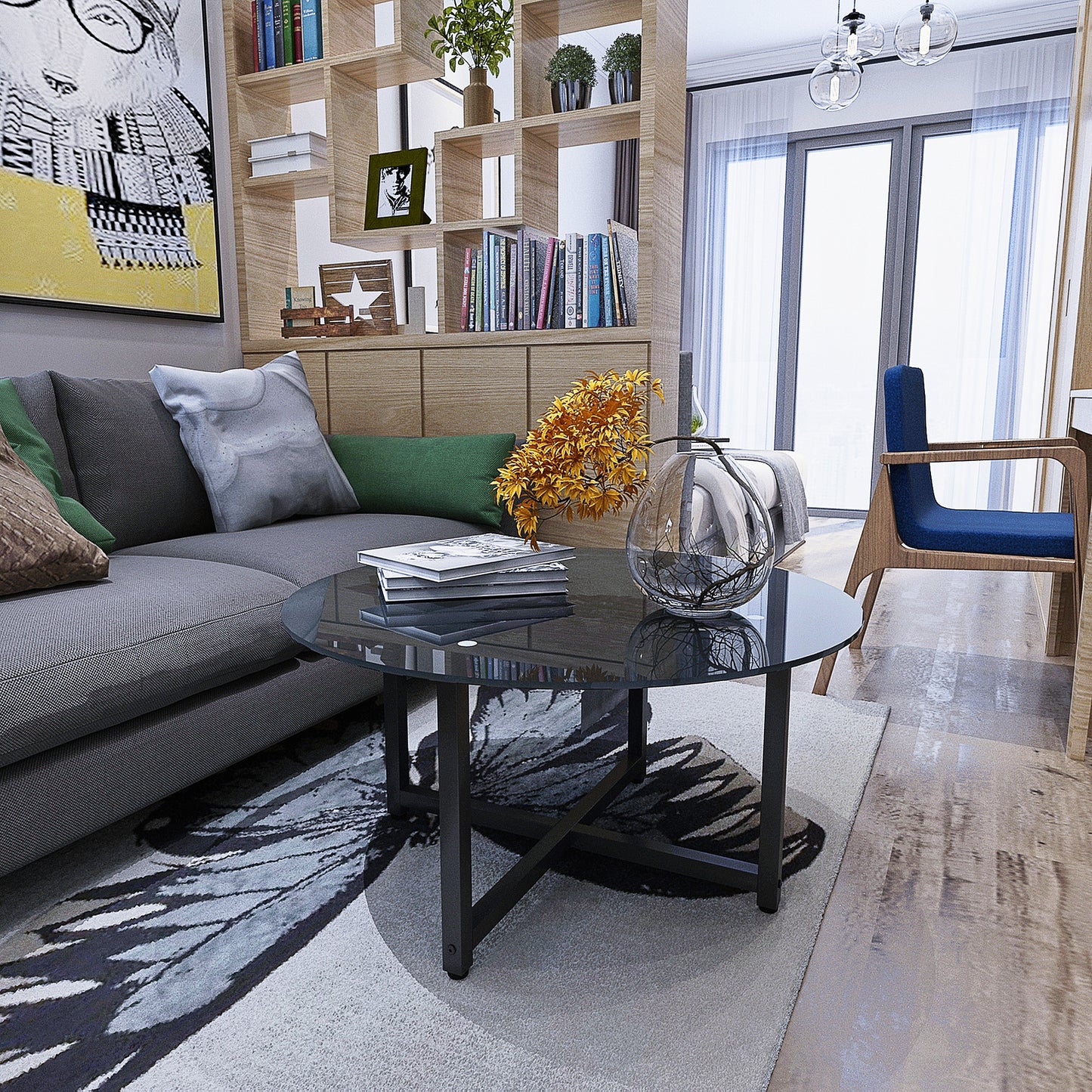 35.5'' Round Black Coffee Table - Modern Clear Center Table for Living Room Furniture