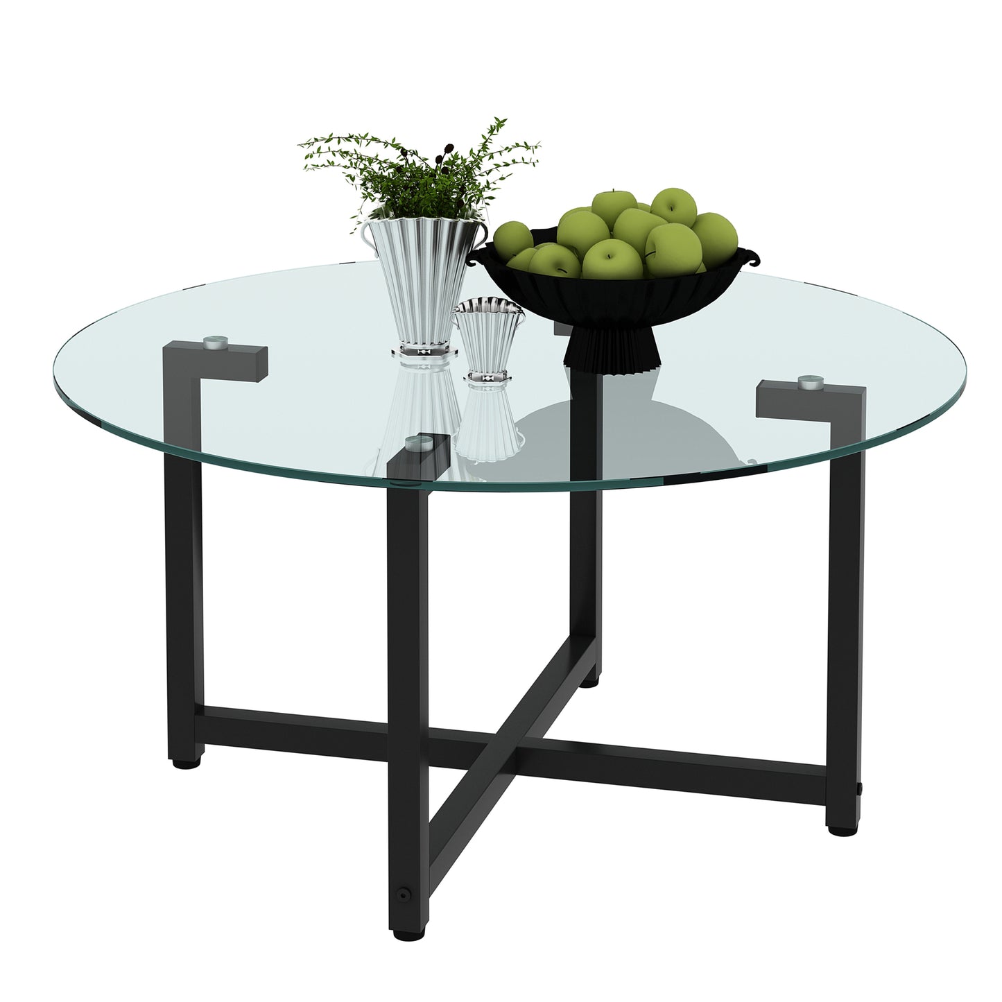 Round Transparent Glass Coffee Table with Black Legs - Modern Clear Side Table for Living Room Furniture, Stylish Center Table