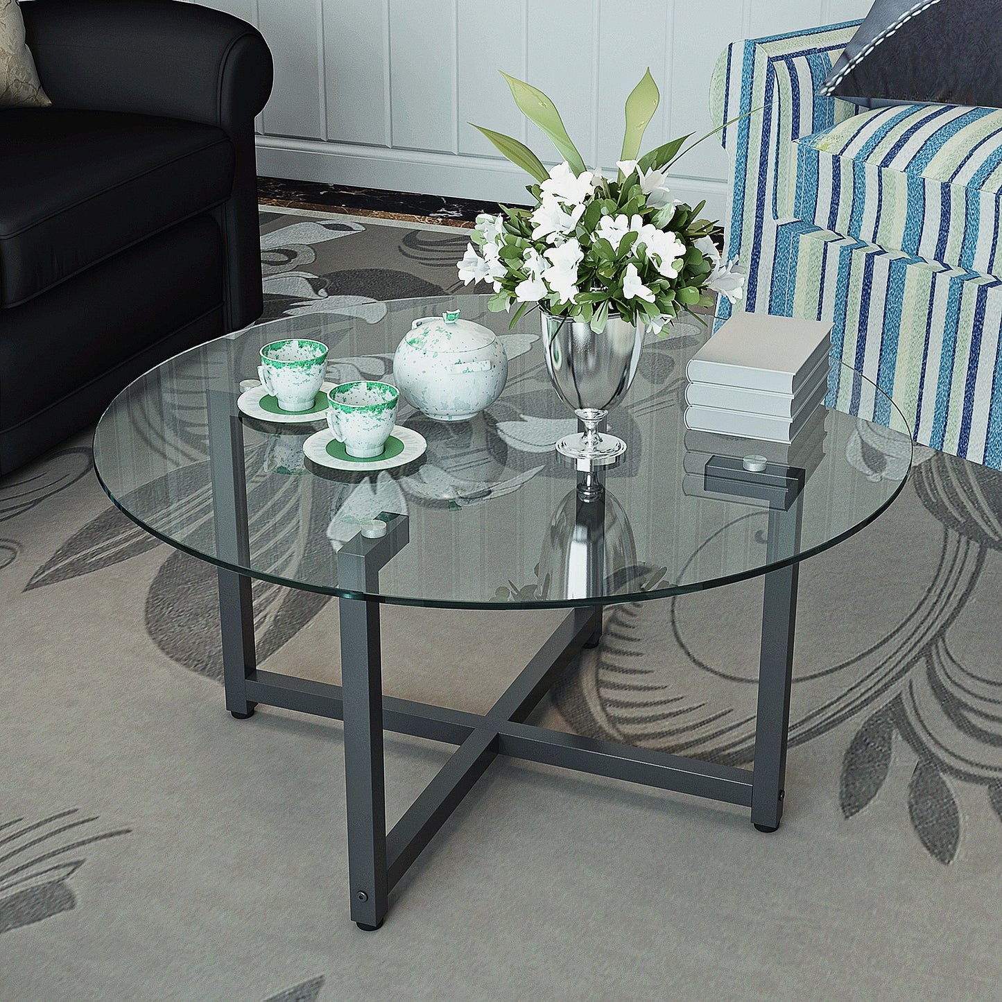 Round Transparent Glass Coffee Table with Black Legs - Modern Clear Side Table for Living Room Furniture, Stylish Center Table