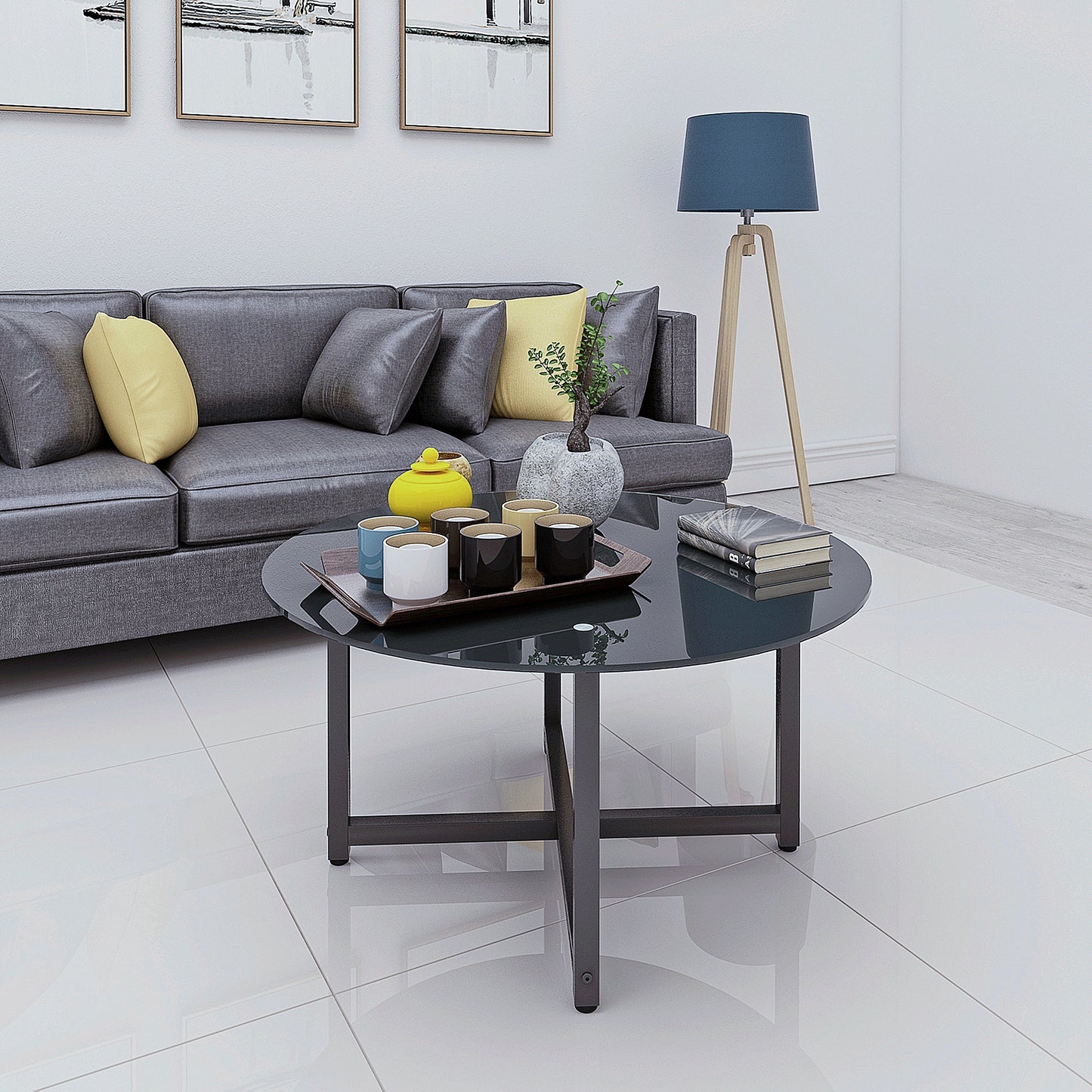 35.5'' Round Black Coffee Table - Modern Clear Center Table for Living Room Furniture