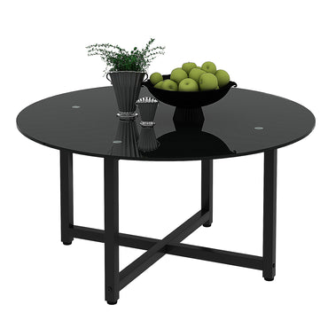 35.5'' Round Black Coffee Table - Modern Clear Center Table for Living Room Furniture