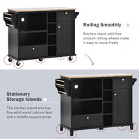 Kitchen Island Cart with Storage Cabinet, Solid Wood Top, Microwave Stand, Floor Standing Buffet Server for Kitchen, Black, 2 Locking Wheels