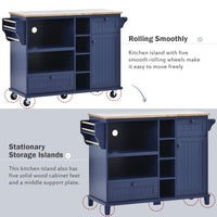 Kitchen Island Cart with Storage Cabinet & Locking Wheels, Solid Wood Top, Microwave Buffet Server for Kitchen, Dining, Bathroom – Dark Blue