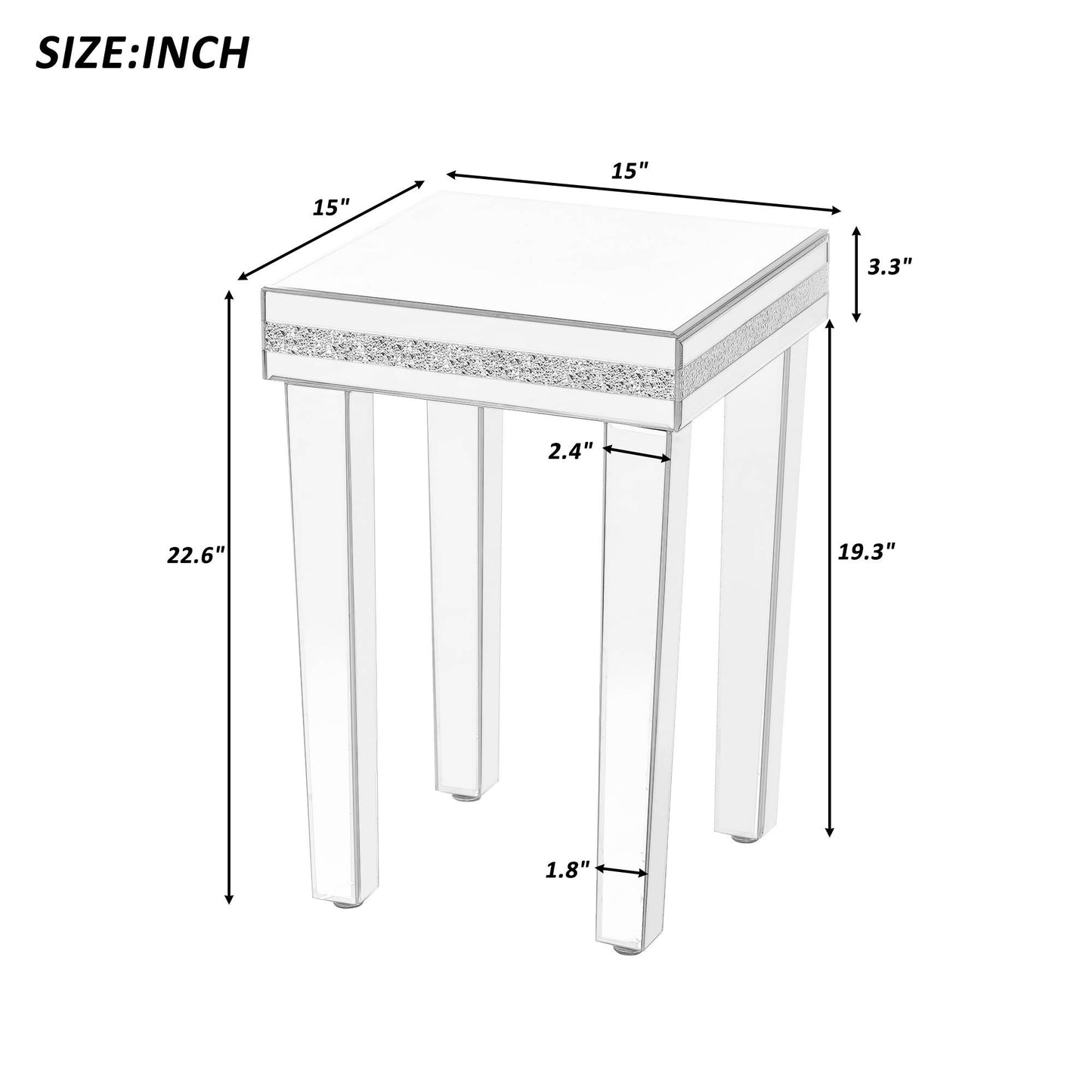 Fashionable Modern Glass Mirrored Side Table - Crystal Design, Adjustable Height Legs, Easy Assembly End Table - Silver