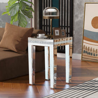 Fashionable Modern Glass Mirrored Side Table - Crystal Design, Adjustable Height Legs, Easy Assembly End Table - Silver