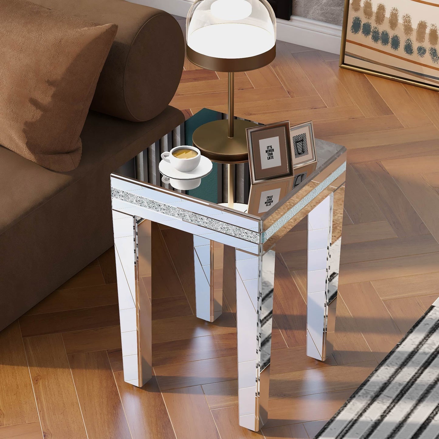 Fashionable Modern Glass Mirrored Side Table - Crystal Design, Adjustable Height Legs, Easy Assembly End Table - Silver