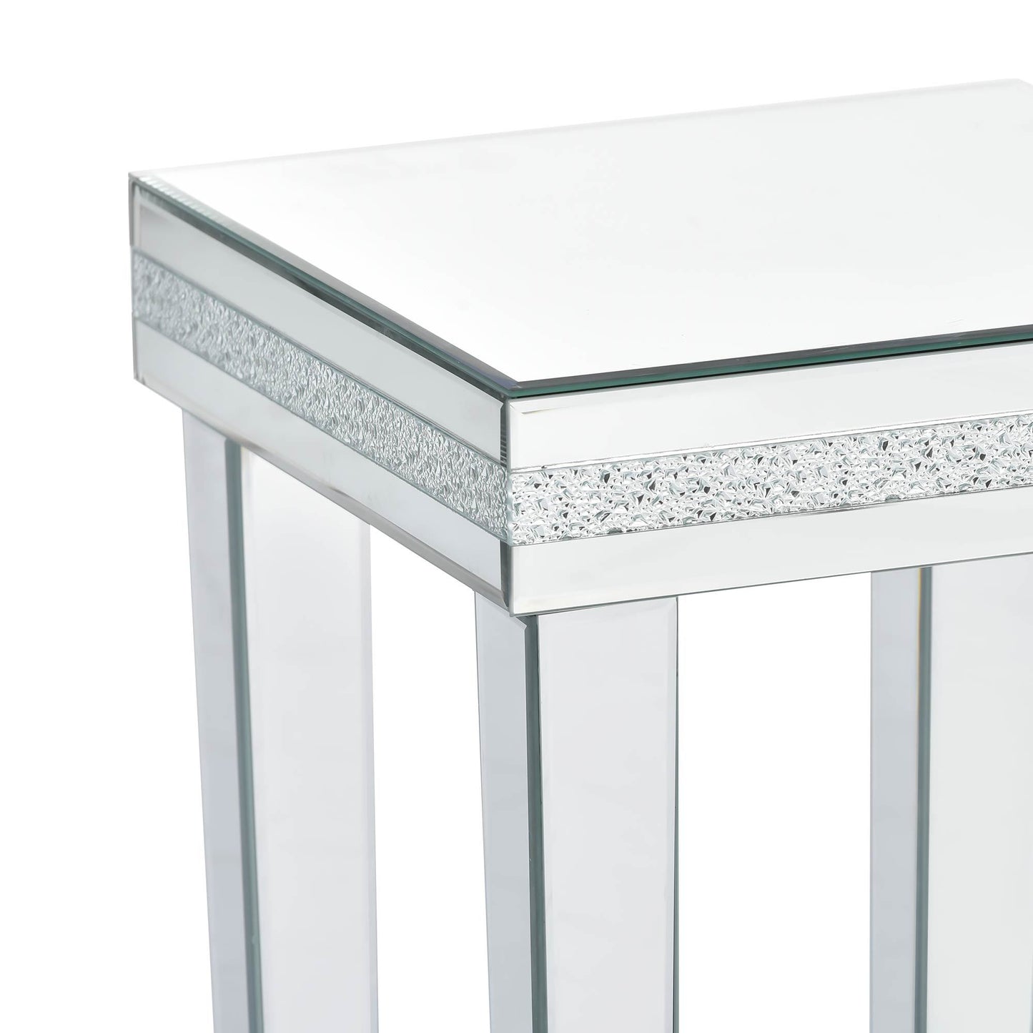 Fashionable Modern Glass Mirrored Side Table - Crystal Design, Adjustable Height Legs, Easy Assembly End Table - Silver