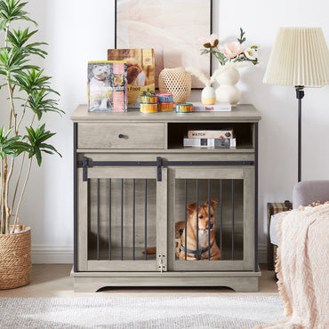 Sliding Door Dog Crate with Drawers, Grey - 35.43 W x 23.62 D x 33.46 H, Pet Furniture and Kennel for Small to Medium Dogs