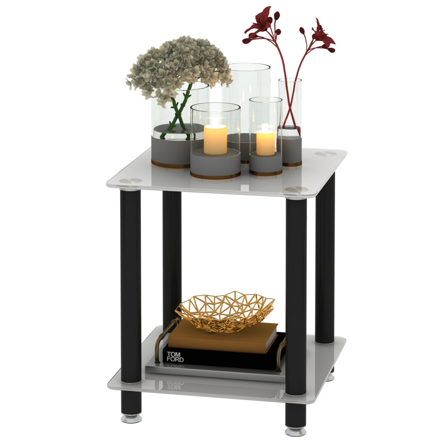 Modern 2-Tier White and Black Side Table End Table with Storage Shelf for Living Room and Bedroom