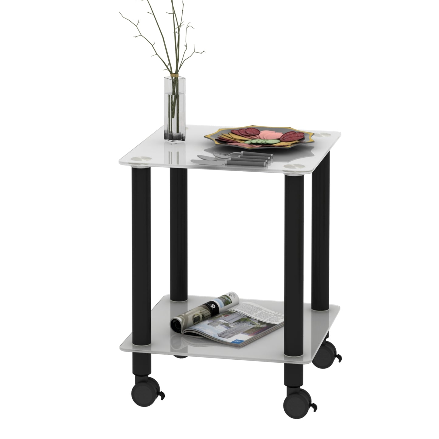 Modern 2-Tier White and Black Side Table End Table with Storage Shelf for Living Room and Bedroom