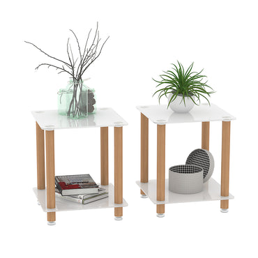 2-Piece White & Oak Side Table Set - Modern 2-Tier End Table with Storage Shelf for Living Room & Bedroom