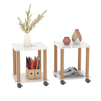 2-Piece White & Oak Side Table Set - Modern 2-Tier End Table with Storage Shelf for Living Room & Bedroom