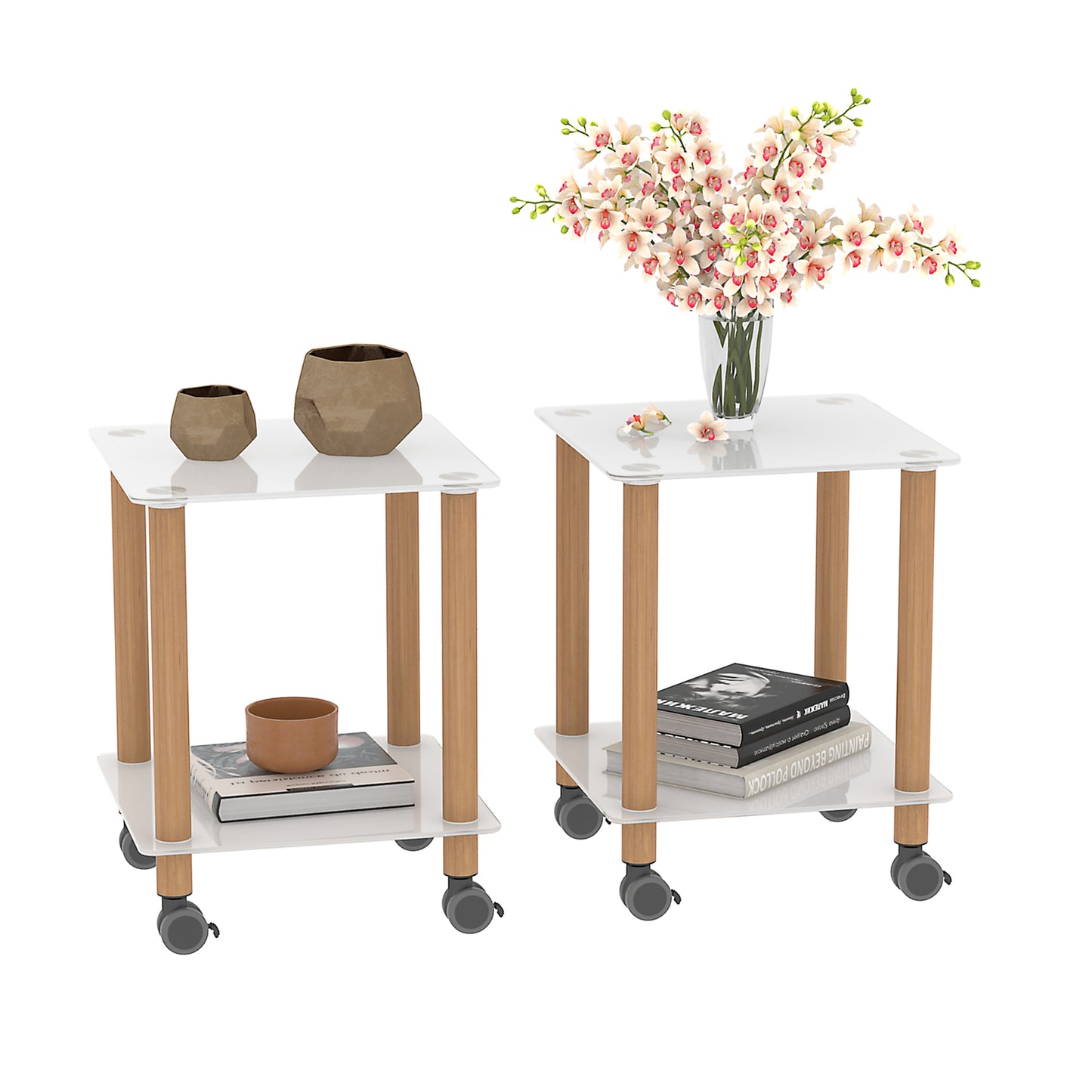 2-Piece White & Oak Side Table Set - Modern 2-Tier End Table with Storage Shelf for Living Room & Bedroom