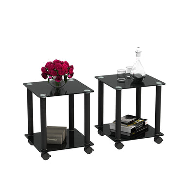 2-Piece Black Side Table Set - Modern 2-Tier End Tables for Living Room, Nightstand & Sofa Table with Storage Shelf