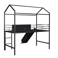 Twin Size Metal Loft Bed With Slide And Double-Sided Writable Wooden Board In White