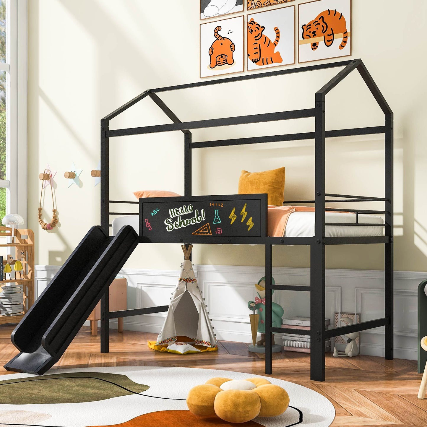 Twin Size Metal Loft Bed With Slide And Double-Sided Writable Wooden Board In White