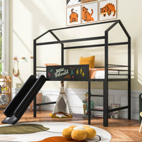 Twin Size Metal Loft Bed With Slide And Double-Sided Writable Wooden Board In White