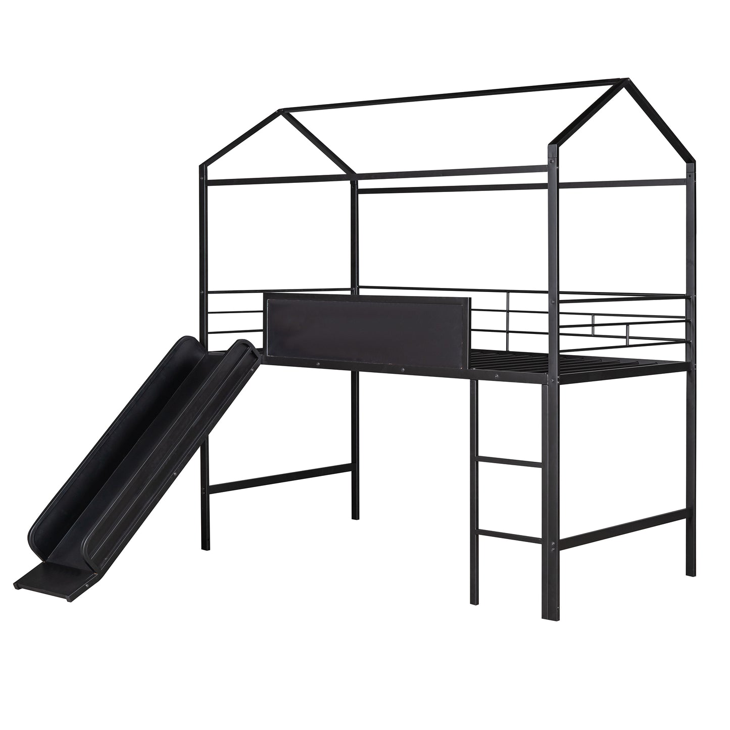 Twin Size Metal Loft Bed With Slide And Double-Sided Writable Wooden Board In White