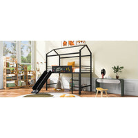 Twin Size Metal Loft Bed With Slide And Double-Sided Writable Wooden Board In White