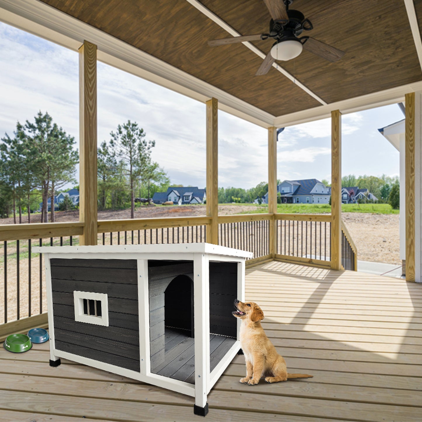 Outdoor Puppy Dog Kennel - Waterproof Wooden Dog House with Porch Deck for Large Dogs