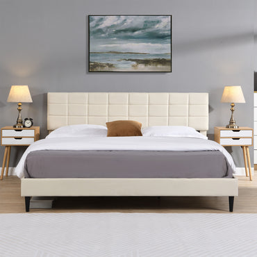 King Size Platform Bed Frame with Upholstered Headboard, Wooden Slats, Easy Assembly, No Box Spring Required, Dark Beige