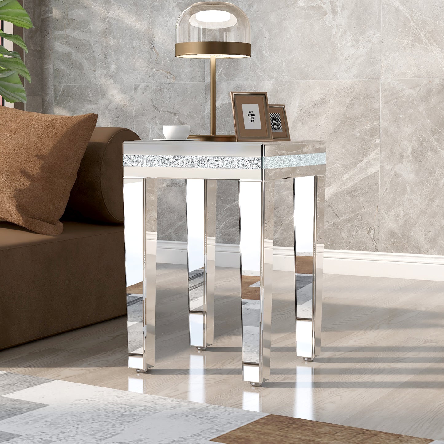 Fashionable Modern Glass Mirrored Side Table - Crystal Design, Adjustable Height Legs, Easy Assembly End Table - Silver