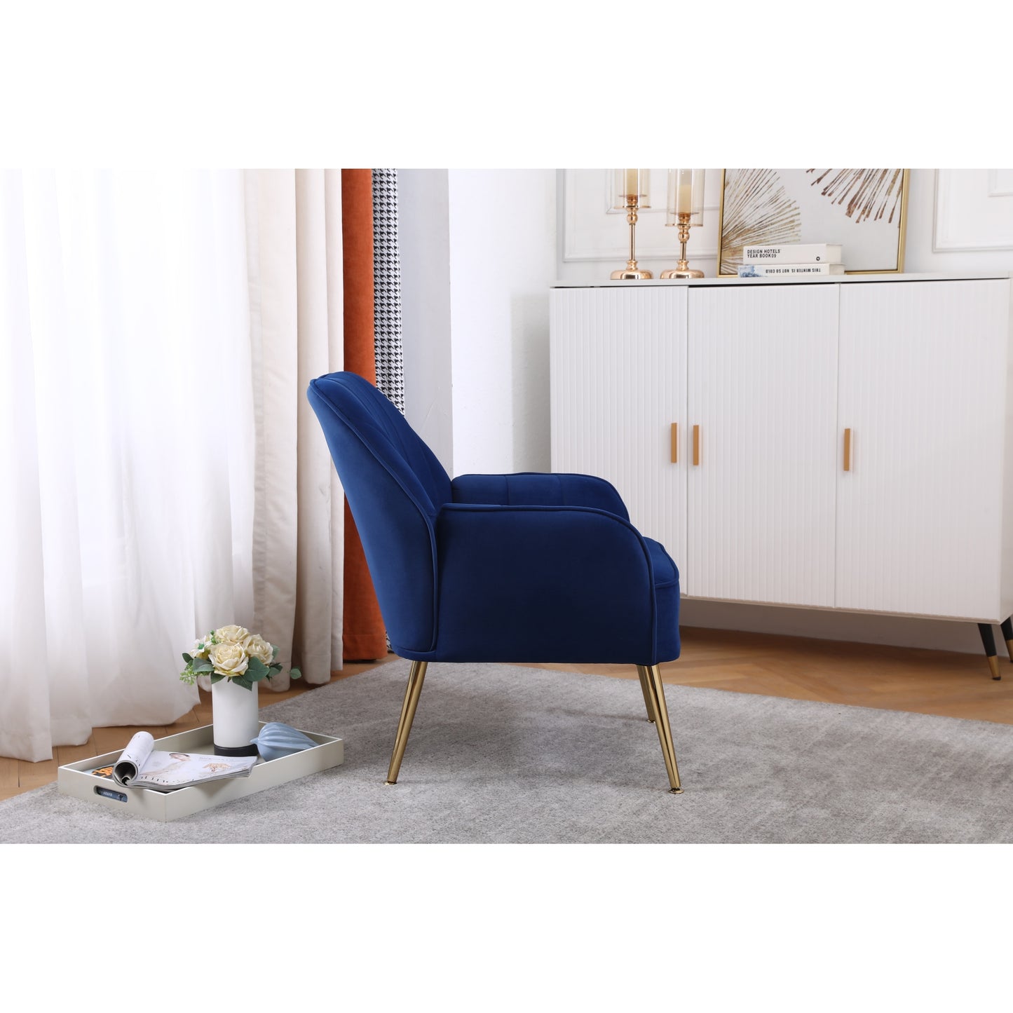 Modern Mid Century Velvet Sherpa Armchair for Living Room, Bedroom, Office - Easy Assembly, Navy