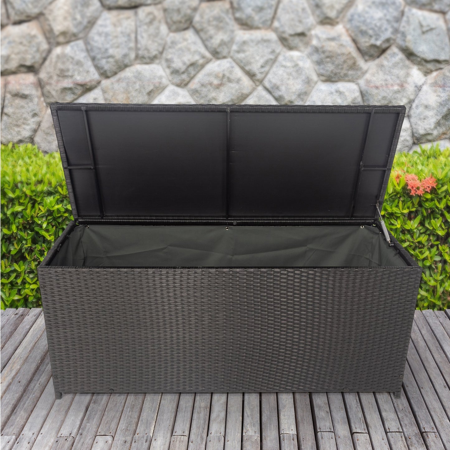 113 Gallon Outdoor Storage Box - Wicker Patio Deck Container with Lid for Cushions, Toys, Towels - Stylish Black Storage Chest