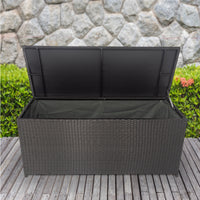 113 Gallon Outdoor Storage Box - Wicker Patio Deck Container with Lid for Cushions, Toys, Towels - Stylish Black Storage Chest