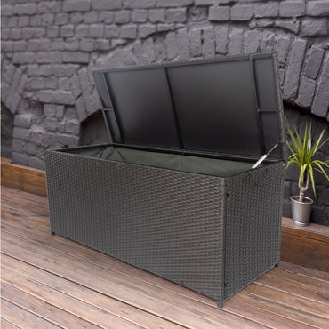 113 Gallon Outdoor Storage Box - Wicker Patio Deck Container with Lid for Cushions, Toys, Towels - Stylish Black Storage Chest