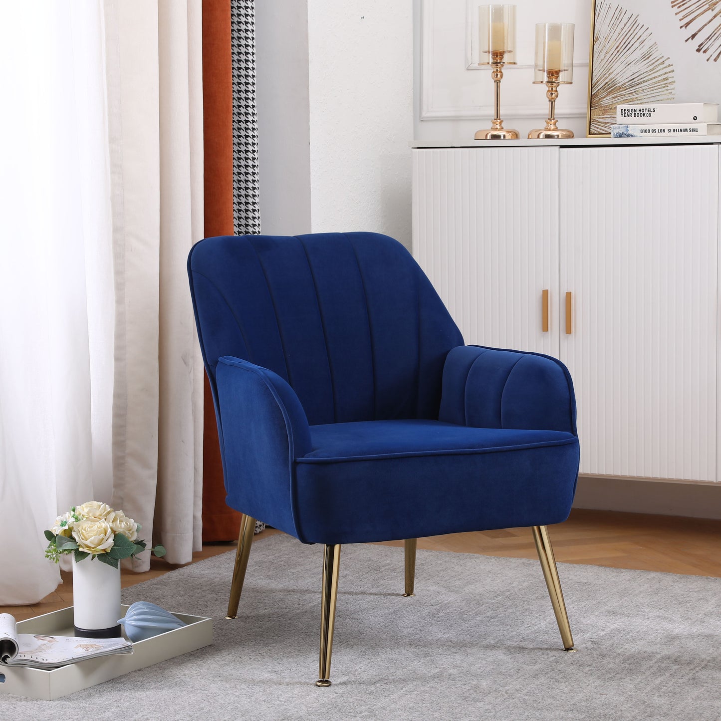 Modern Mid Century Velvet Sherpa Armchair for Living Room, Bedroom, Office - Easy Assembly, Navy