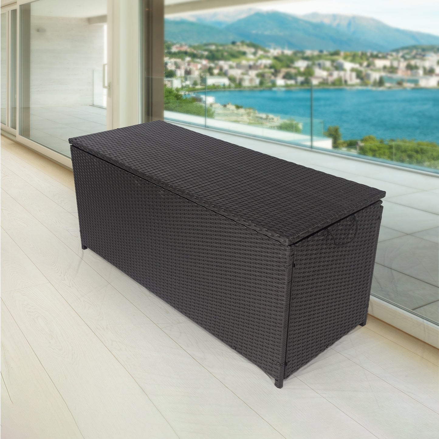 113 Gallon Outdoor Storage Box - Wicker Patio Deck Container with Lid for Cushions, Toys, Towels - Stylish Black Storage Chest