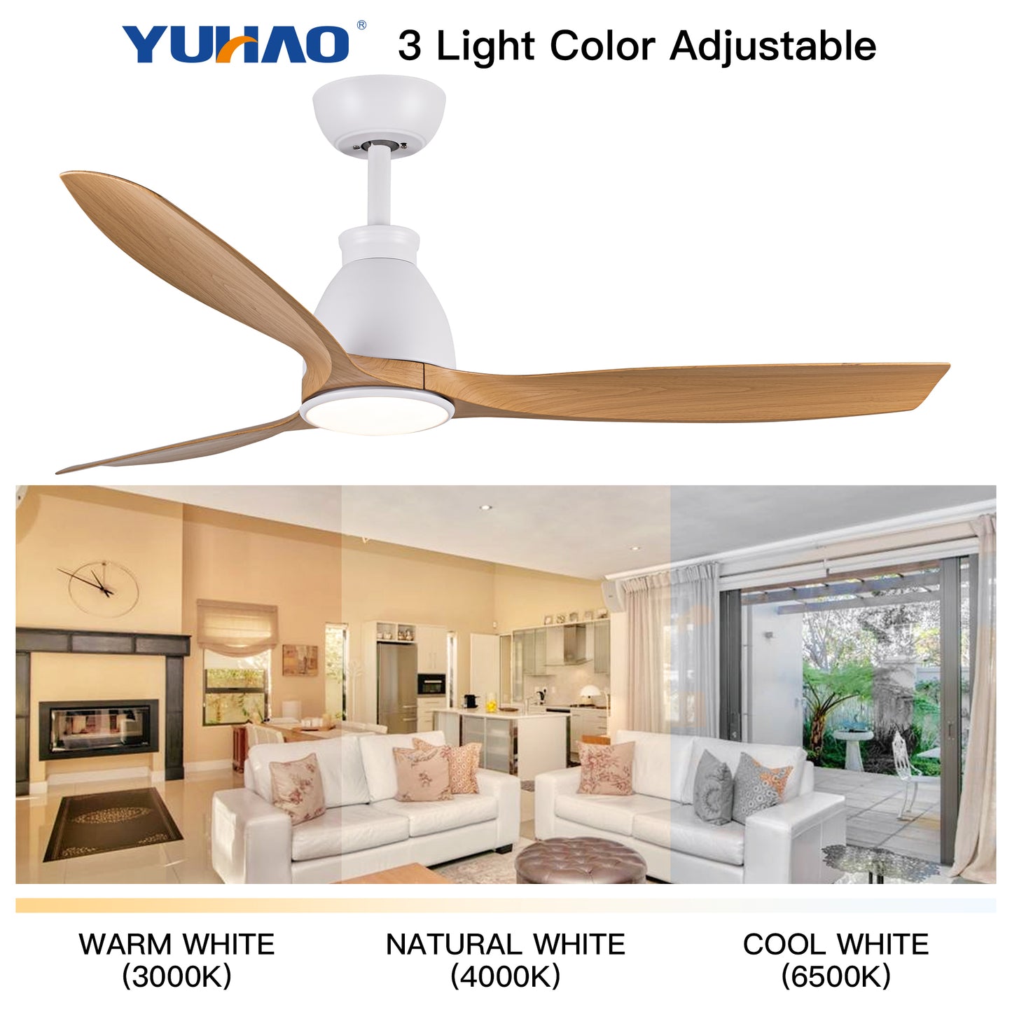 52 Integrated LED Ceiling Fan with Antique Brown Wood Grain Blades, Modern Indoor Ceiling Fan for Living Room, Bedroom, and Dining Area