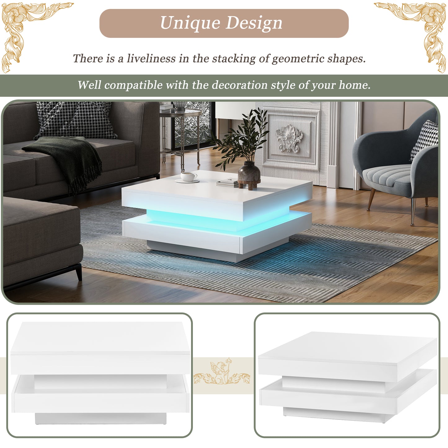 High Gloss Minimalist 2-Tier Square Coffee Table with LED Lights for Living Room, 31.5''x31.5''x14.2'', White
